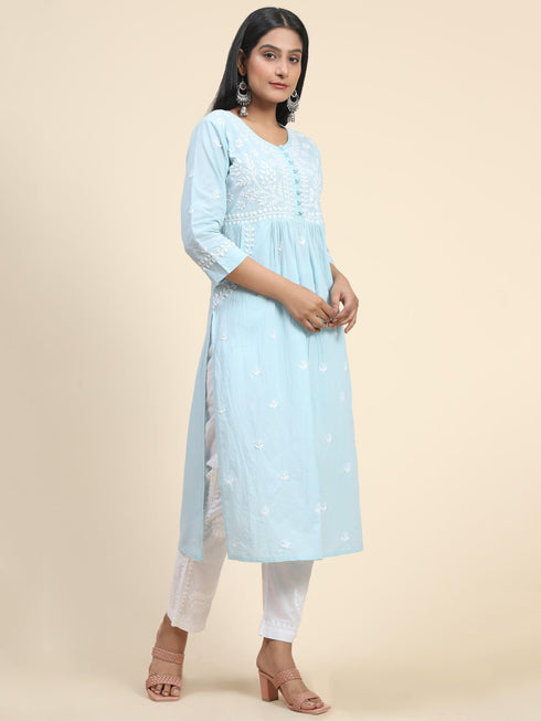 Chikankari Hand embroidery Round neck Dress with Pocket- Sky Blue
